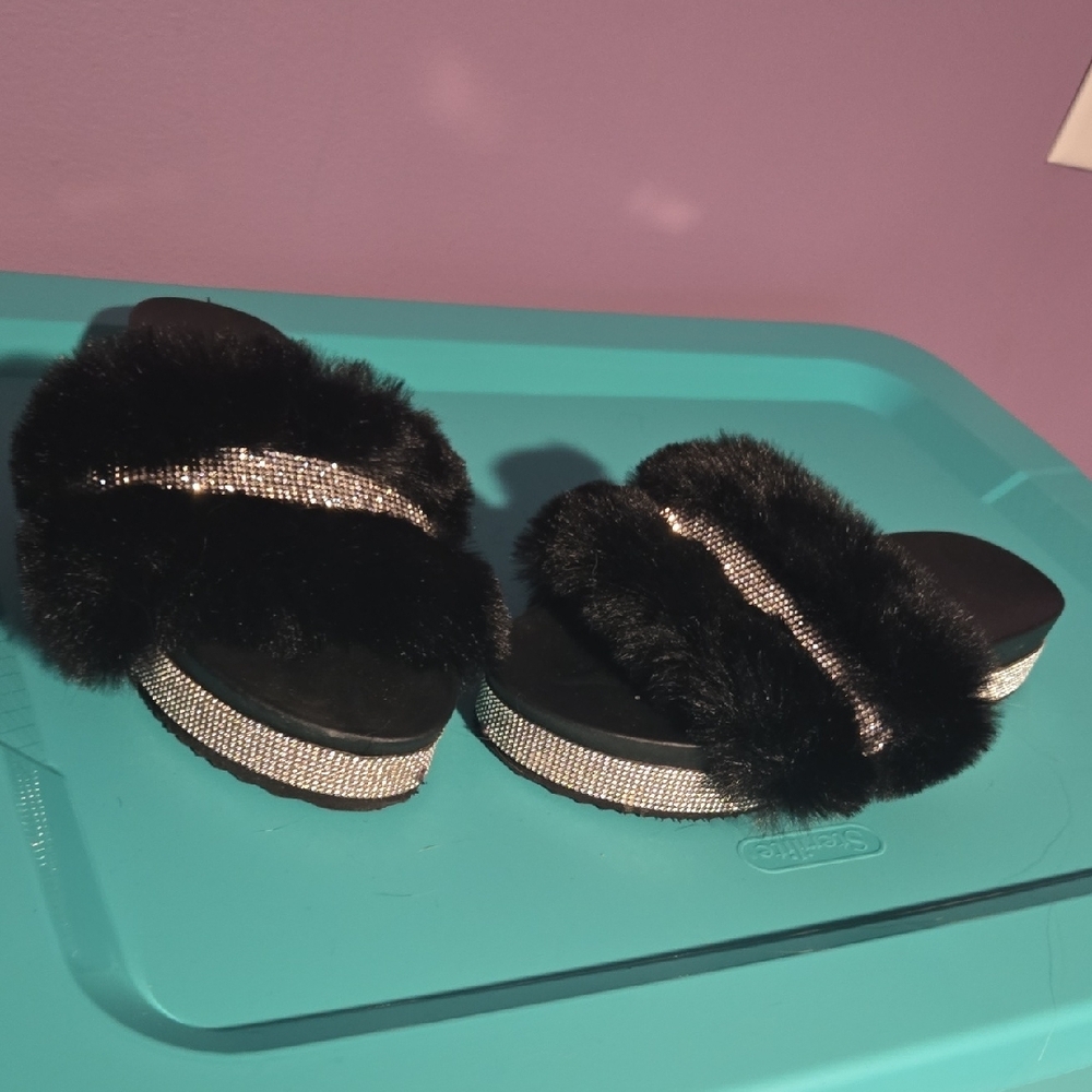 Black Furry Slides with Rhinestone Accents